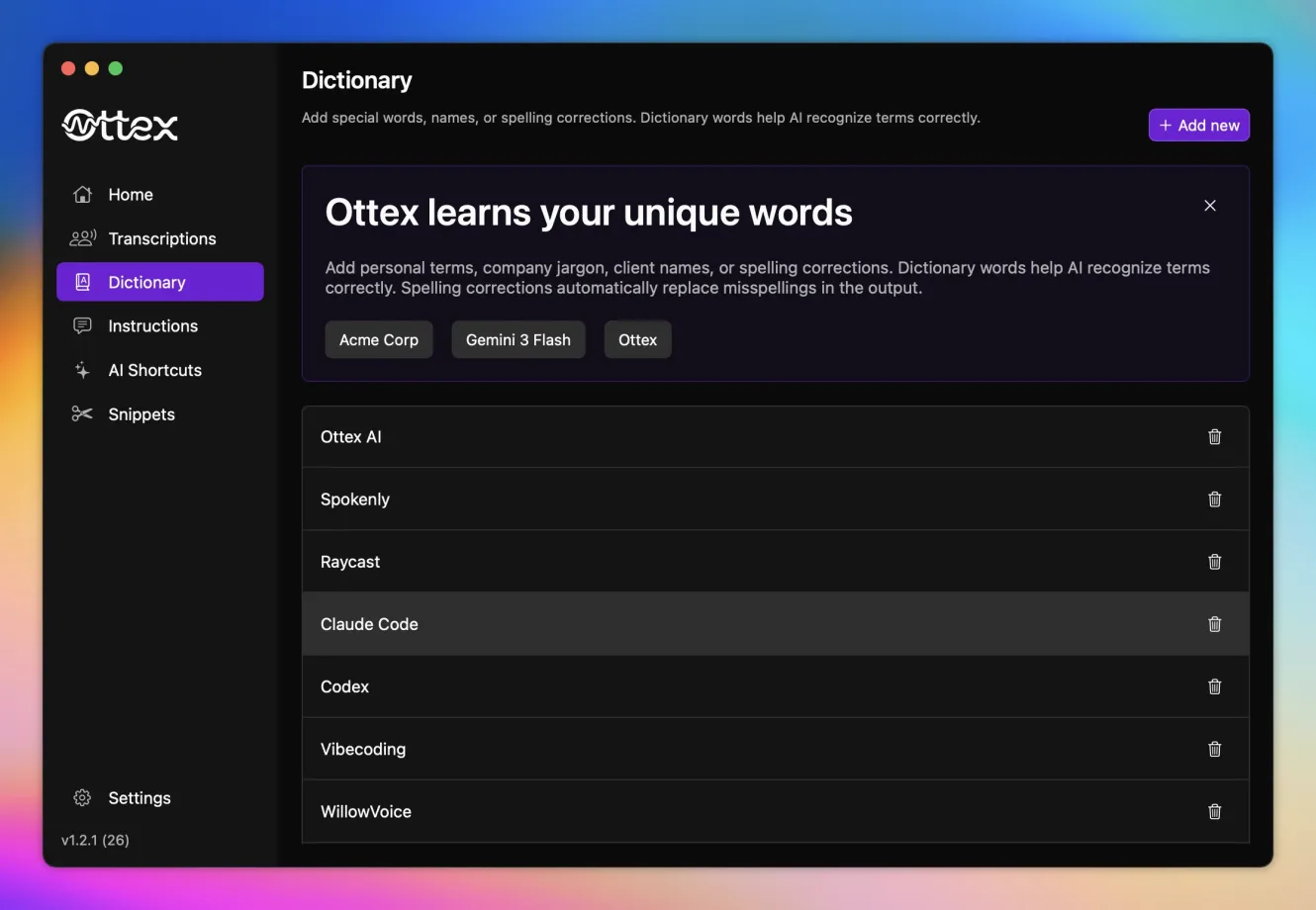 Ottex personal dictionary
