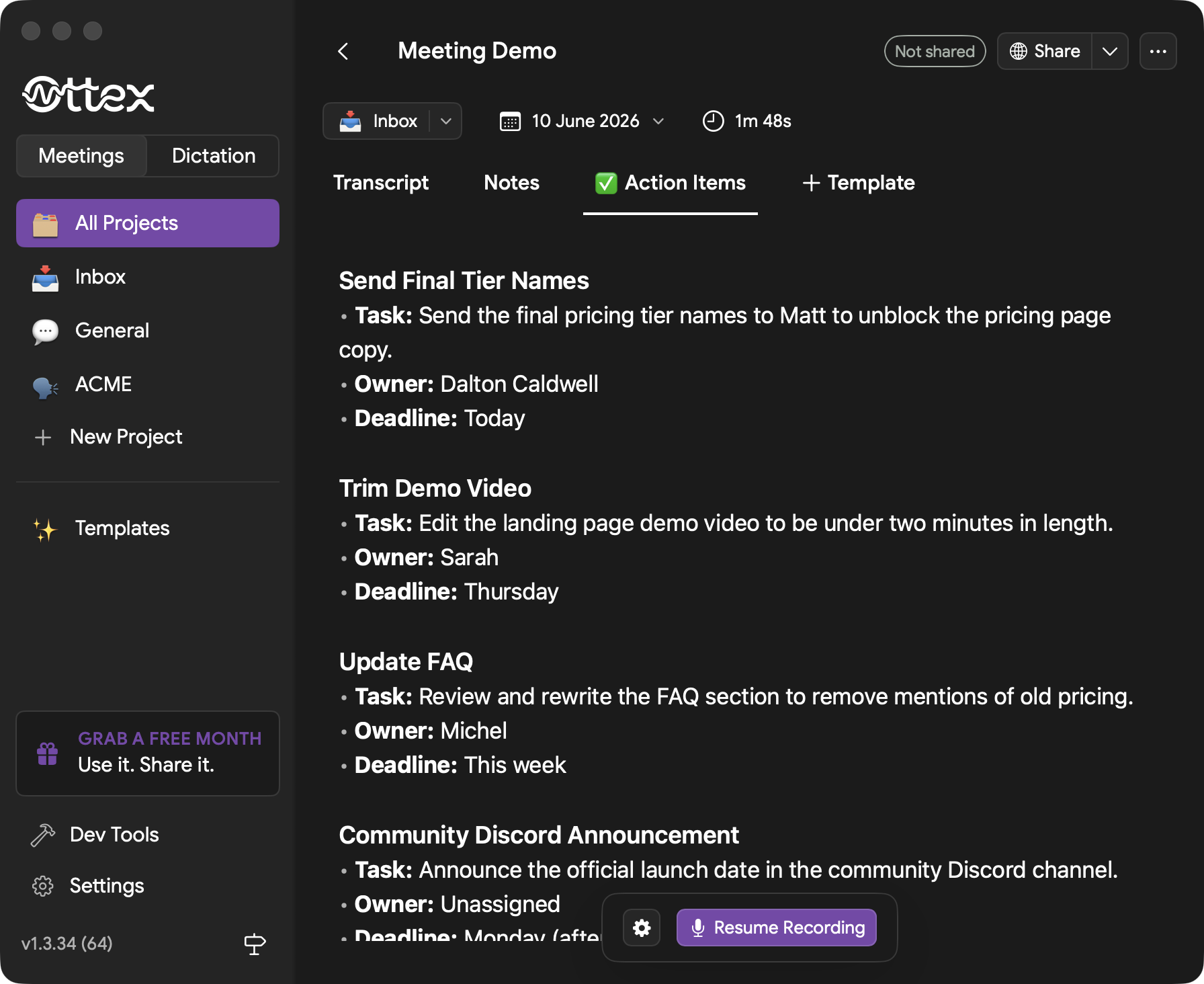 Generated Action Items result from a meeting