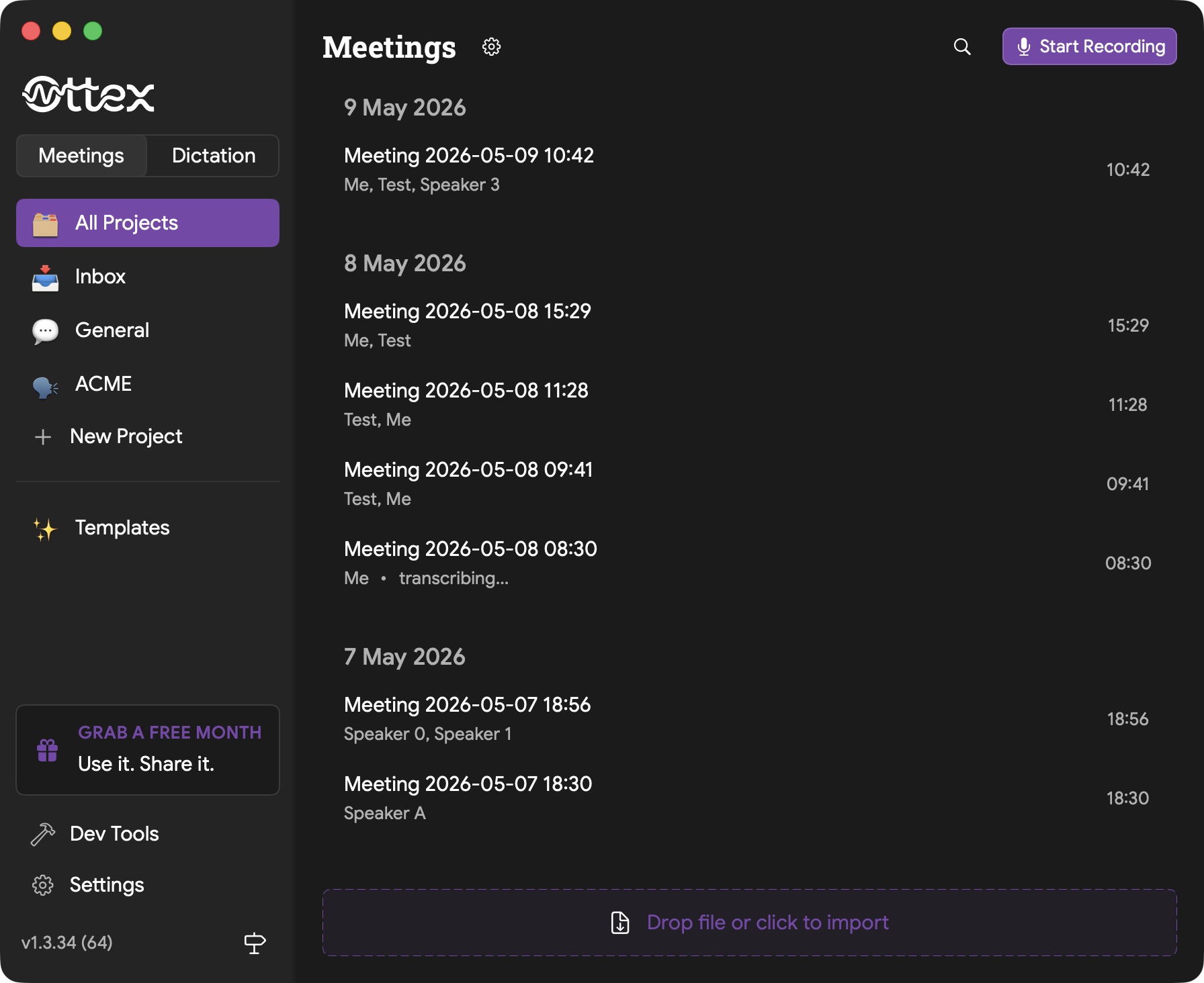 Meetings list with file import drop zone