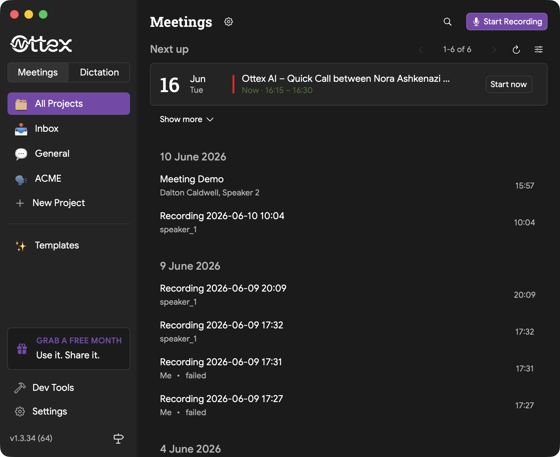 Meetings list with upcoming calendar event and Start Recording button