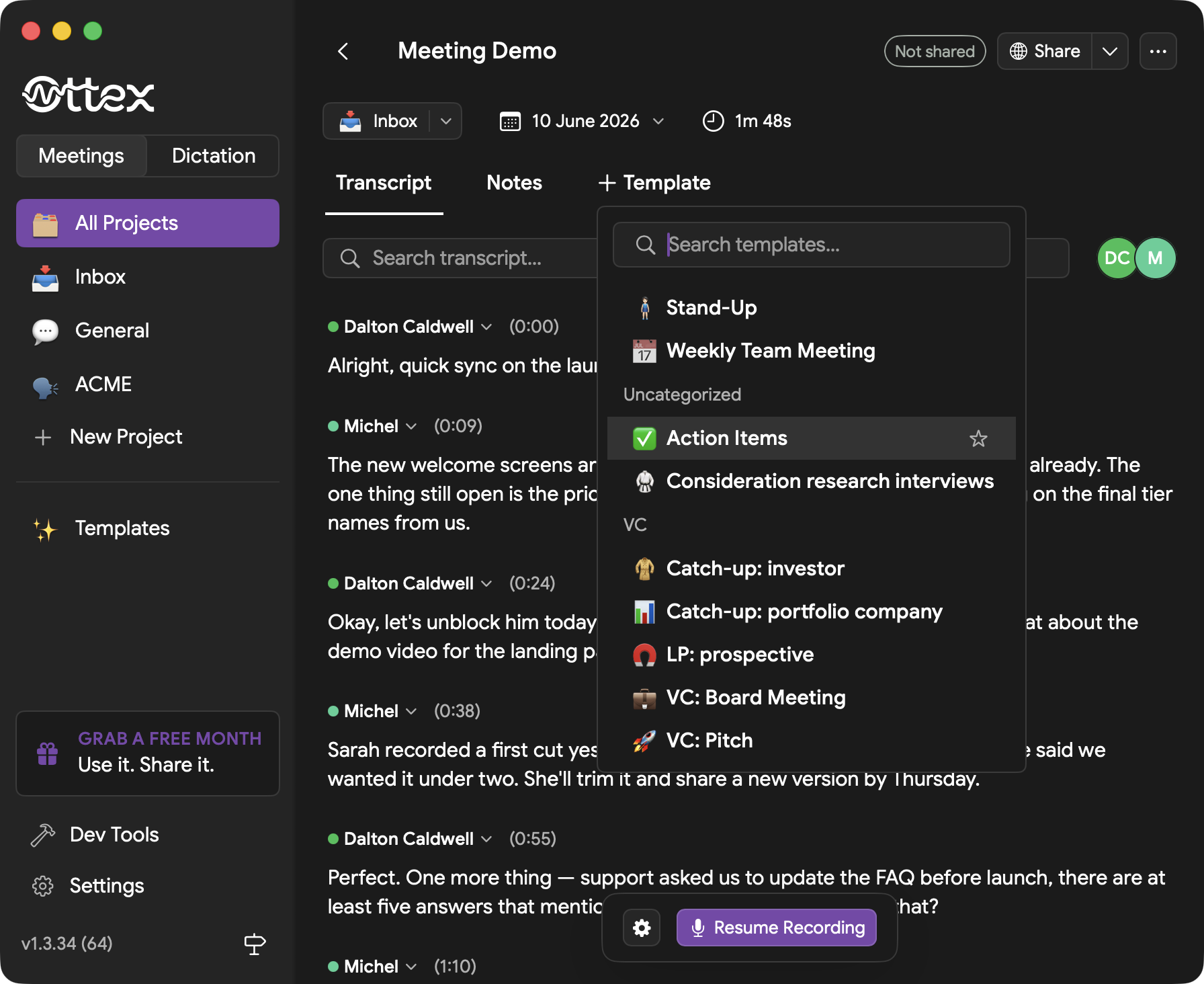 Template picker inside a meeting