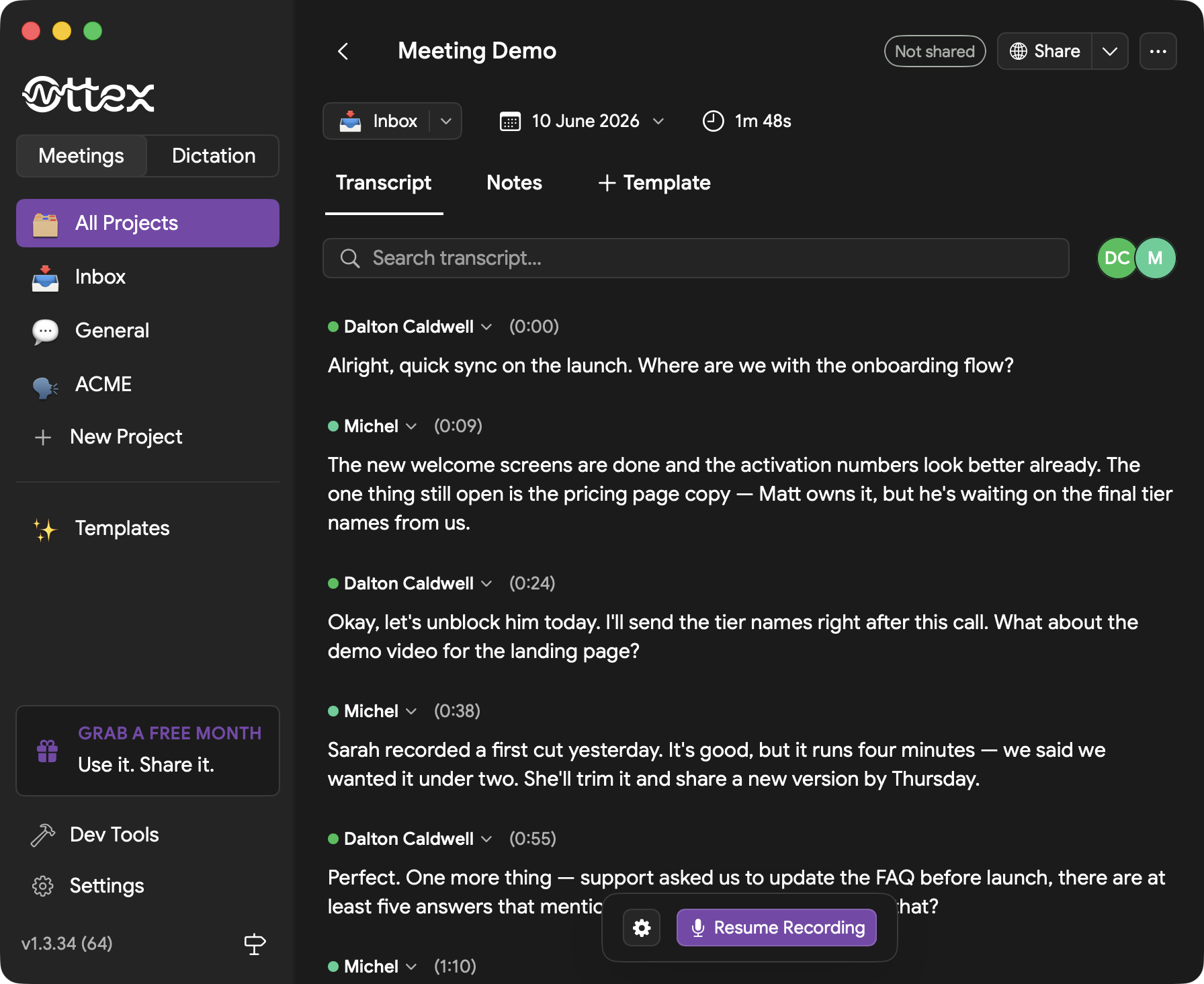 Meeting transcript with speaker names, timestamps, and search