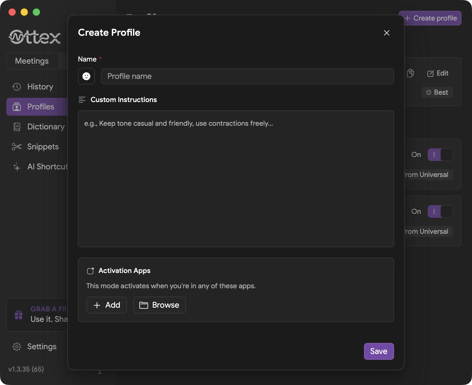 Create Profile dialog with name, apps, websites, instructions, and model fields