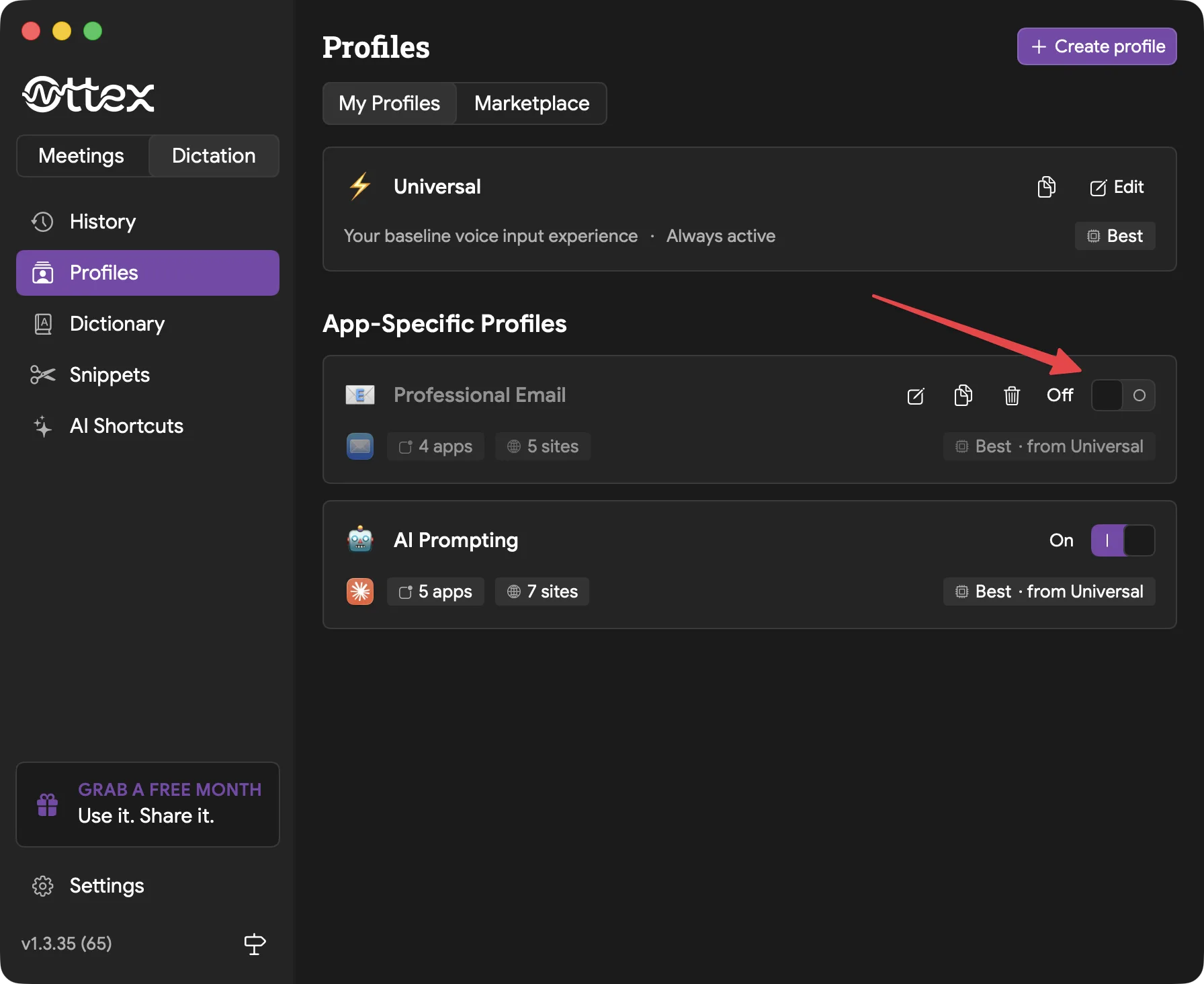 Profile settings with an enabled toggle