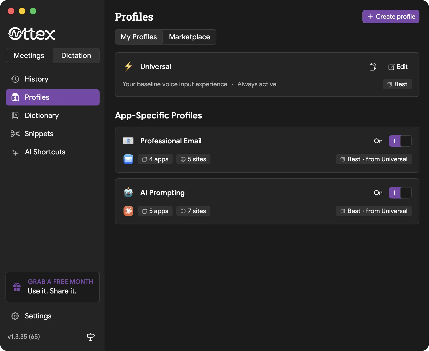 Profiles list with Default, Work Messaging, and Coding profiles