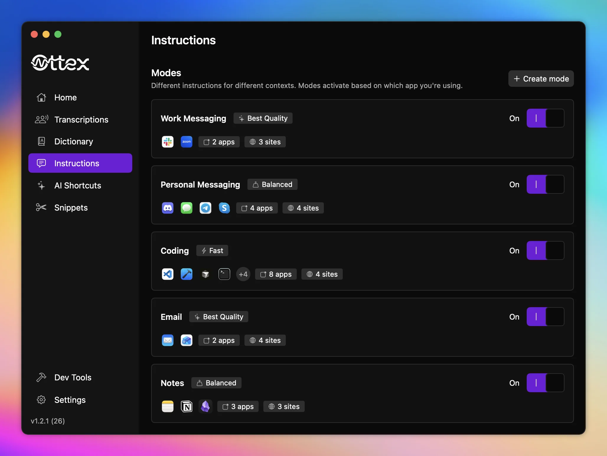 Ottex instruction modes